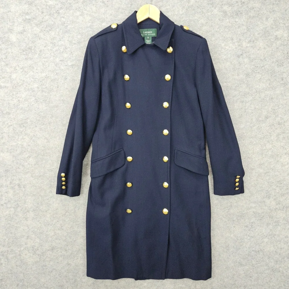 Ralph Lauren Women's Navy Blue Trench Coat Size 10 Wool Military Crest Buttons‎